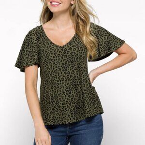 Nine Britton Makenna Flutter Sleeve Open Back Knit Top Green Leopard - Large